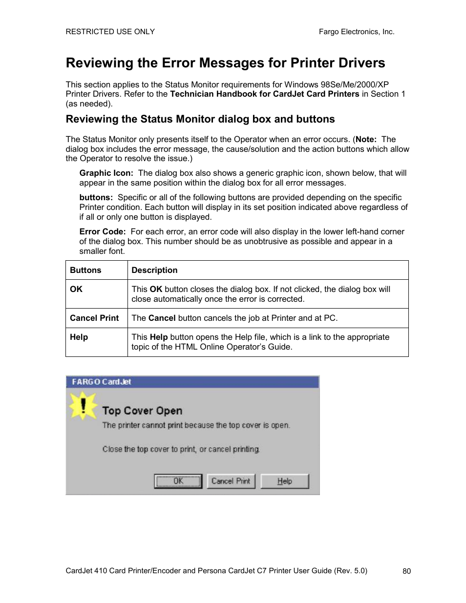 Reviewing the error messages for printer drivers | FARGO electronic 410 User Manual | Page 80 / 184