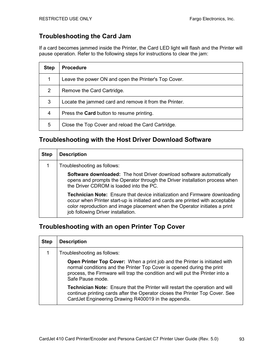 Troubleshooting the card jam, Troubleshooting with an open printer top cover | FARGO electronic 410 User Manual | Page 93 / 184