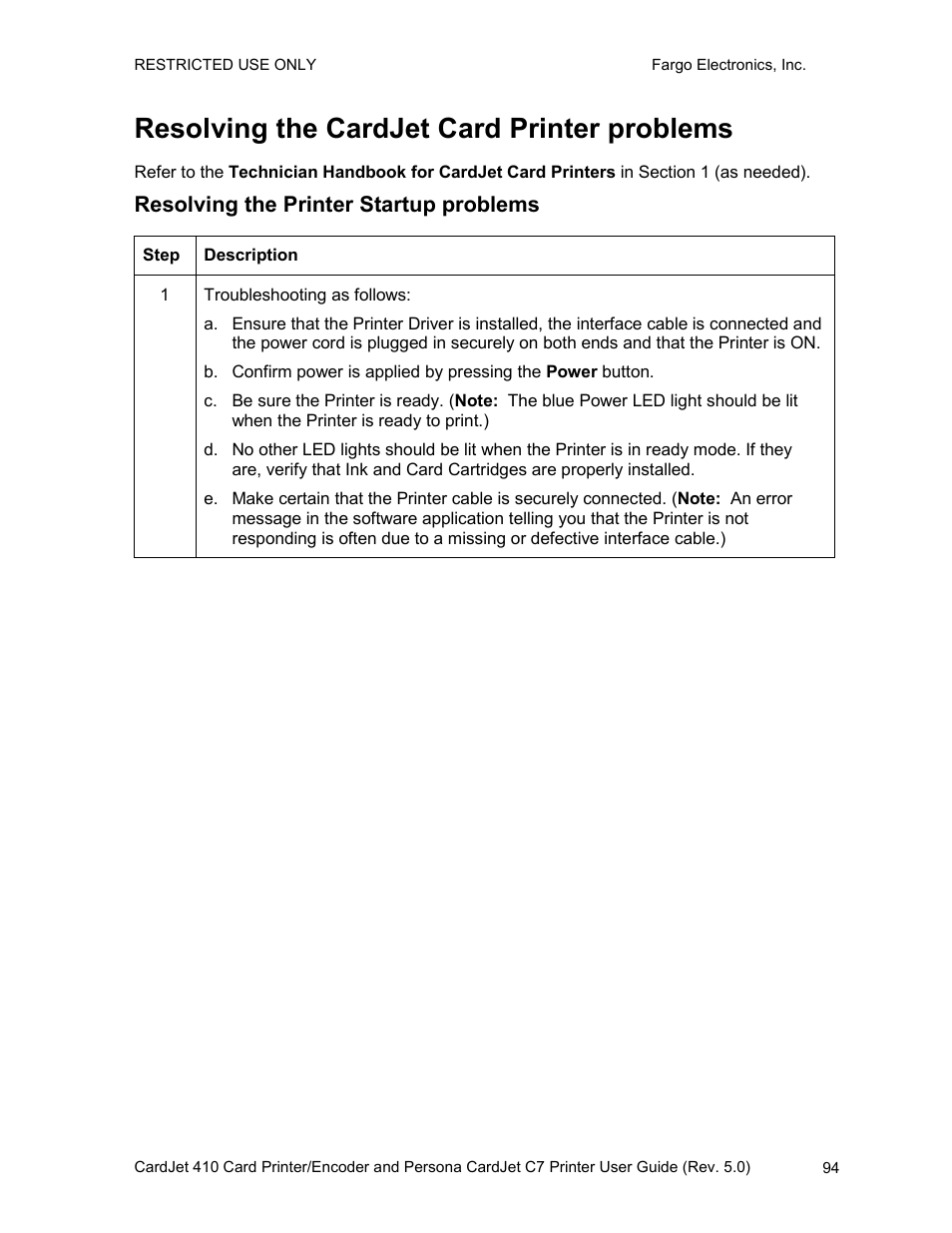 Resolving the cardjet card printer problems, Resolving the printer startup problems | FARGO electronic 410 User Manual | Page 94 / 184