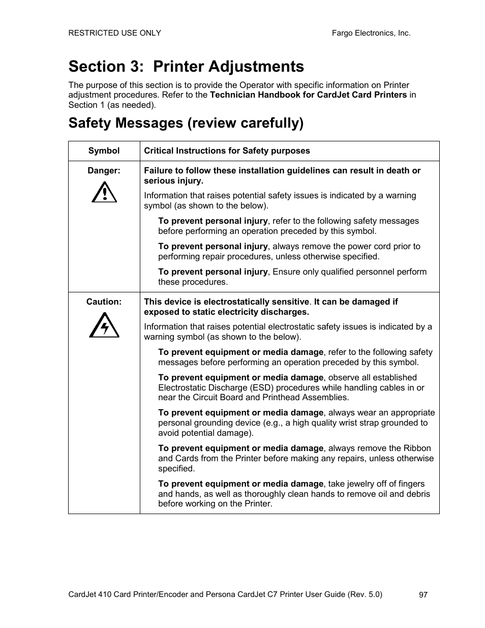 Section 3: printer adjustments, Safety messages (review carefully) | FARGO electronic 410 User Manual | Page 97 / 184