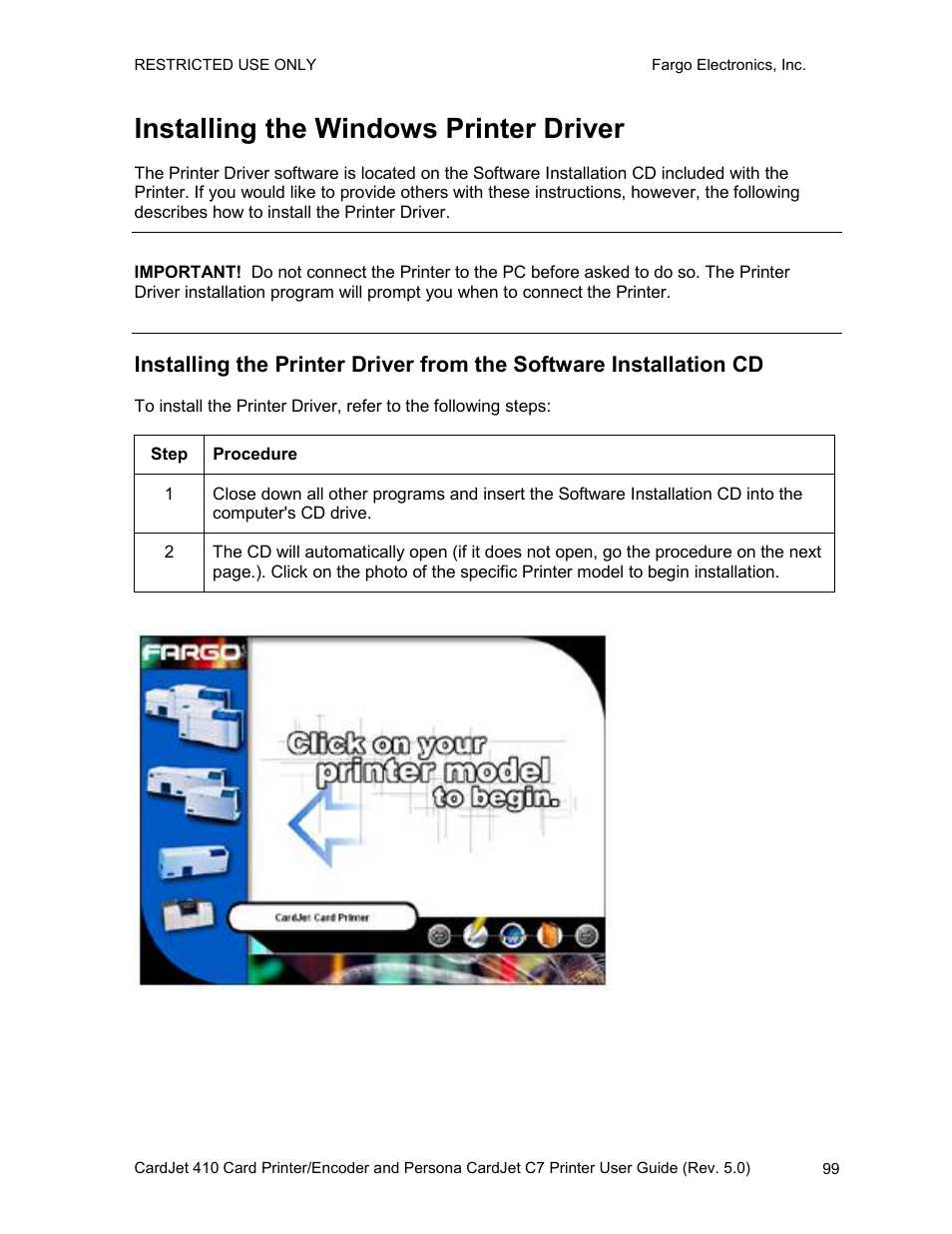 Installing the windows printer driver | FARGO electronic 410 User Manual | Page 99 / 184
