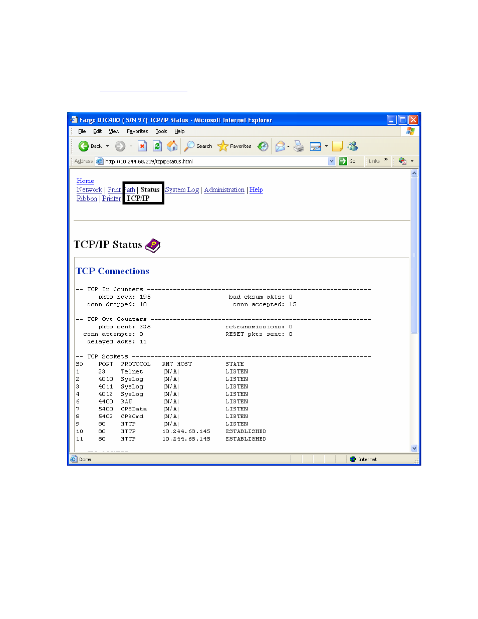 Using the tcp/ip status web page | FARGO electronic FARGO DTC 400 User Manual | Page 138 / 322