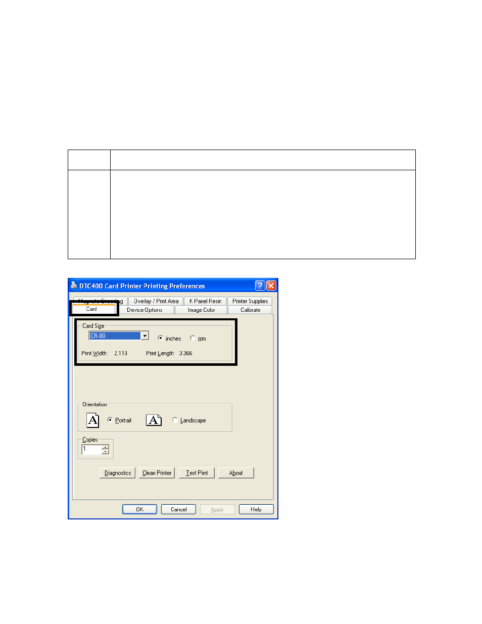 Dtc400 print driver options, Using the card tab (dtc400), Adjusting the card size option | Dtc400 print driver options -2, Using the card tab (dtc400) -2, Adjusting the card size option -2 | FARGO electronic FARGO DTC 400 User Manual | Page 180 / 322