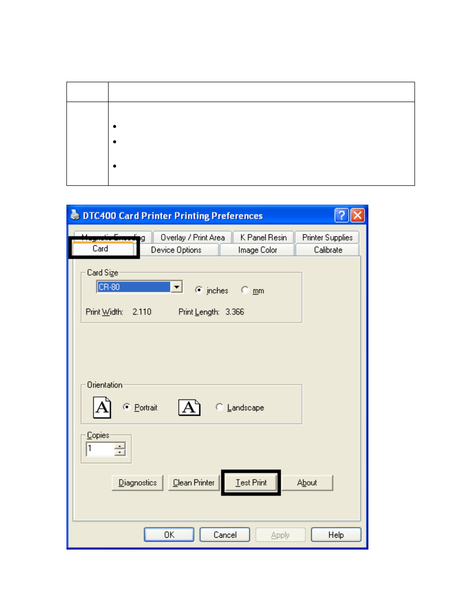 Using the test print button, Using the test print button -8 | FARGO electronic FARGO DTC 400 User Manual | Page 186 / 322