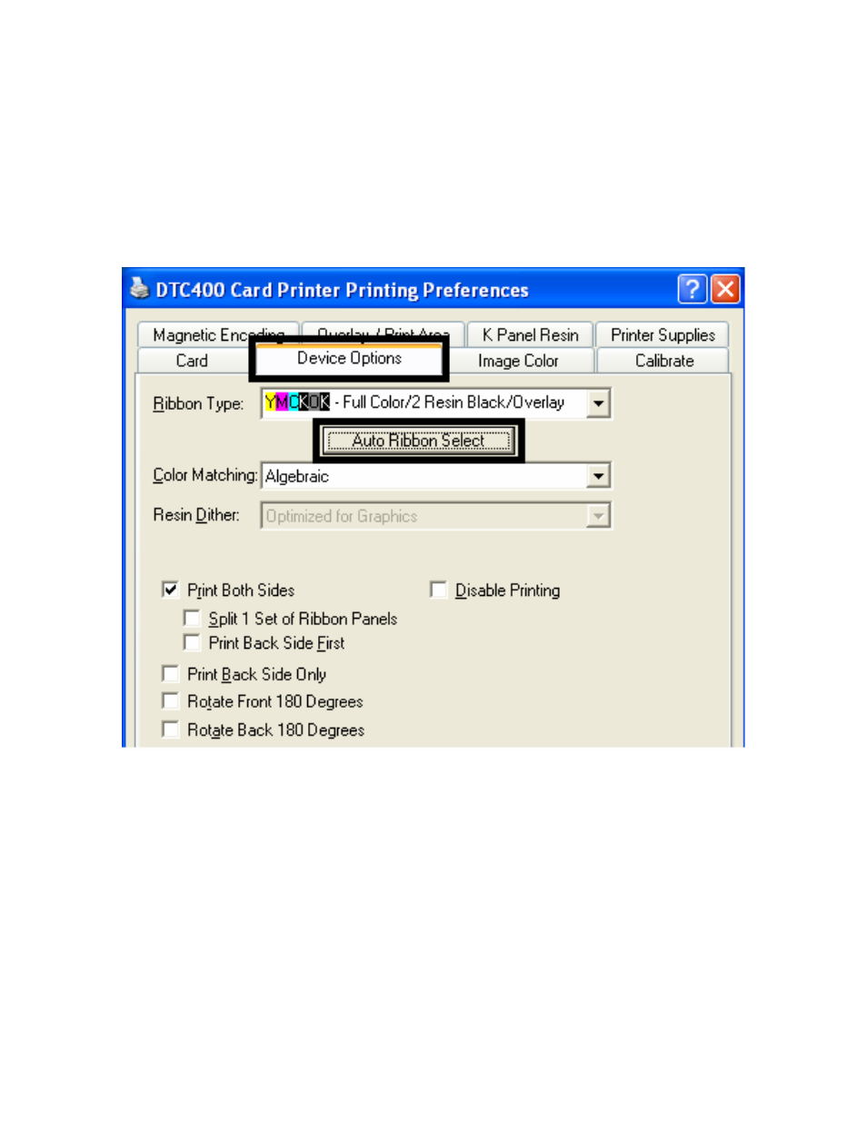 Using the device options tab (dtc400), Reviewing the device options tab (dtc400), Using the device options tab (dtc400) -10 | Reviewing the device options tab (dtc400) -10, Sect | FARGO electronic FARGO DTC 400 User Manual | Page 188 / 322