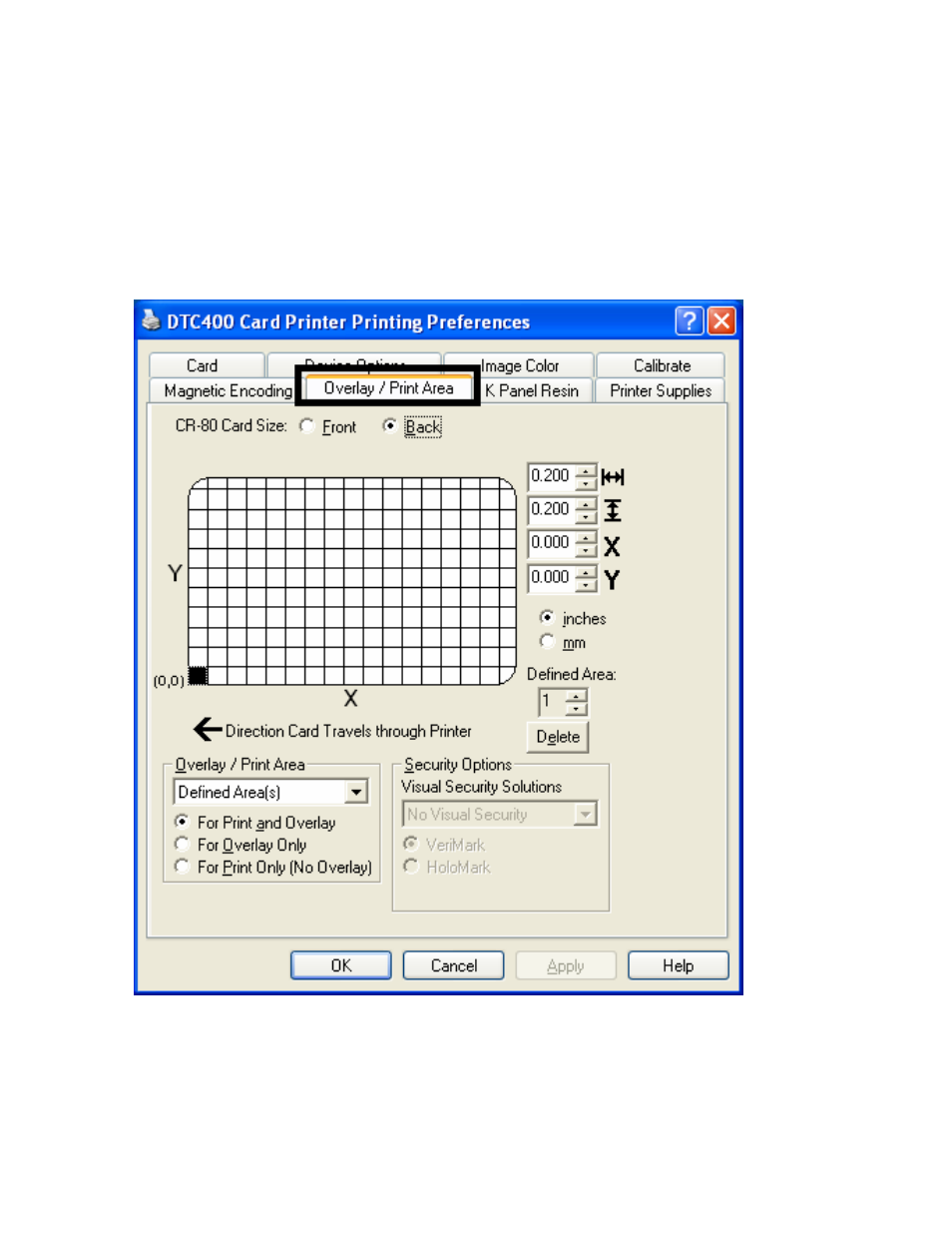 Using the overlay / print area tab, Using the overlay / print area tab -45, Using the overlay / print area tab (dtc400) | FARGO electronic FARGO DTC 400 User Manual | Page 223 / 322