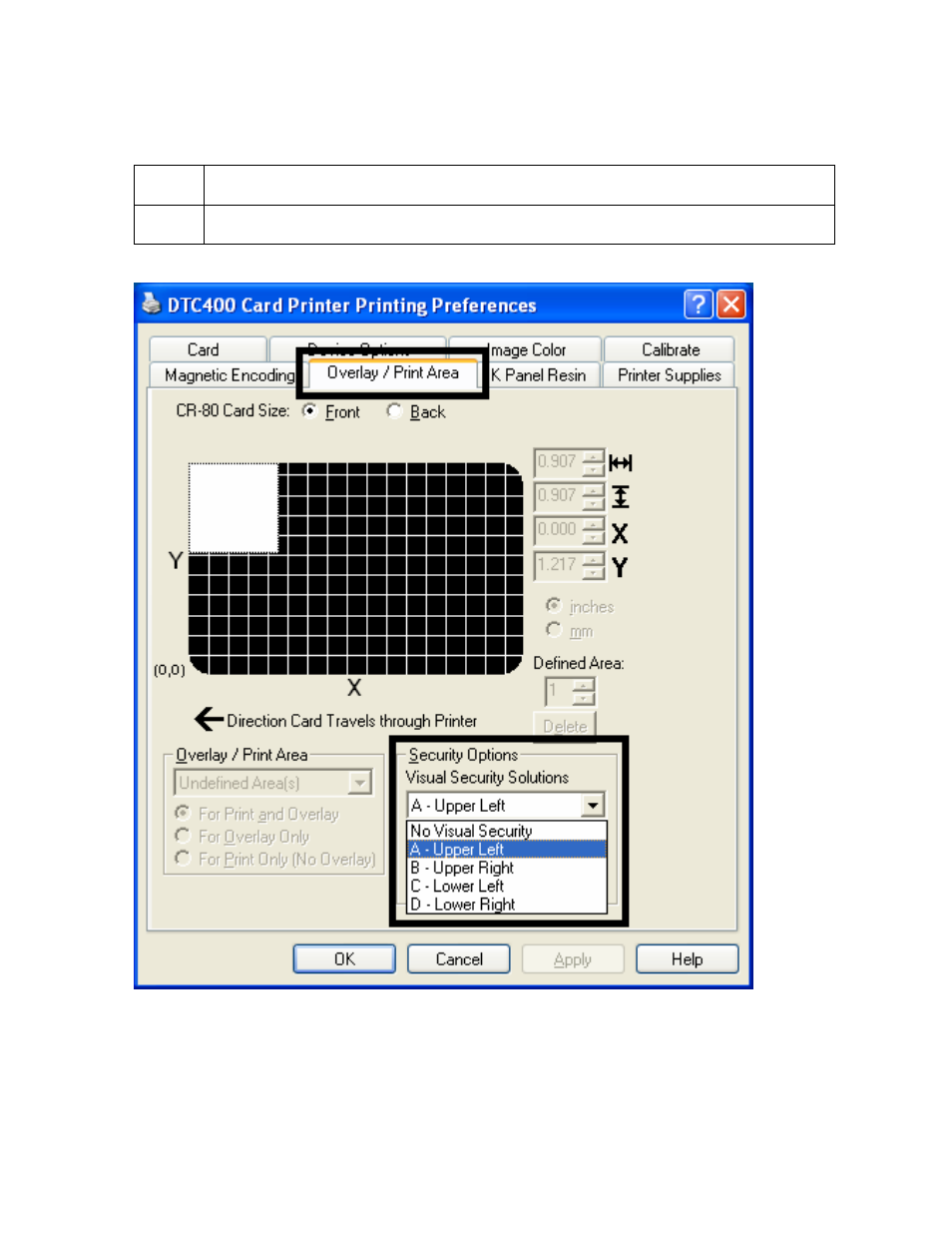 Using the front option (overlay / print area), Using the front option (overlay / print area) -47 | FARGO electronic FARGO DTC 400 User Manual | Page 225 / 322