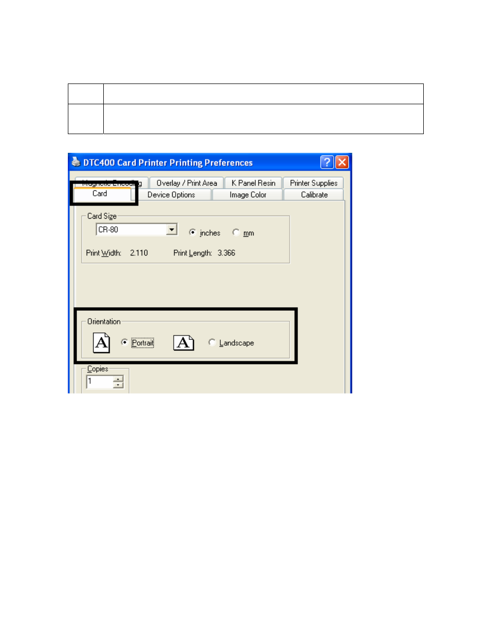 Selecting orientation - portrait under card tab | FARGO electronic FARGO DTC 400 User Manual | Page 239 / 322