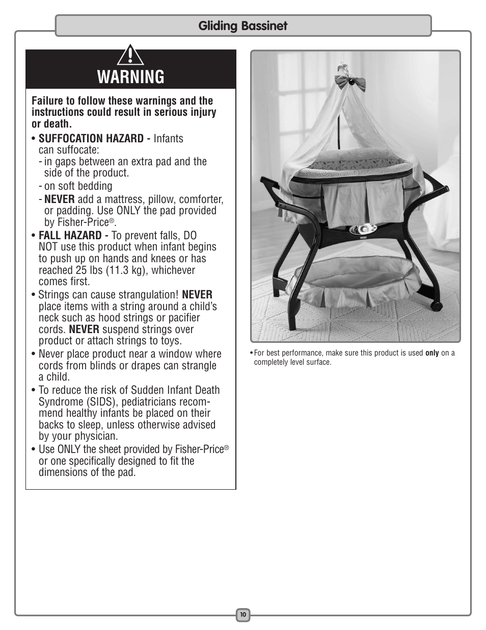 Warning, Gliding bassinet | Fisher-Price L7836 User Manual | Page 10 / 12