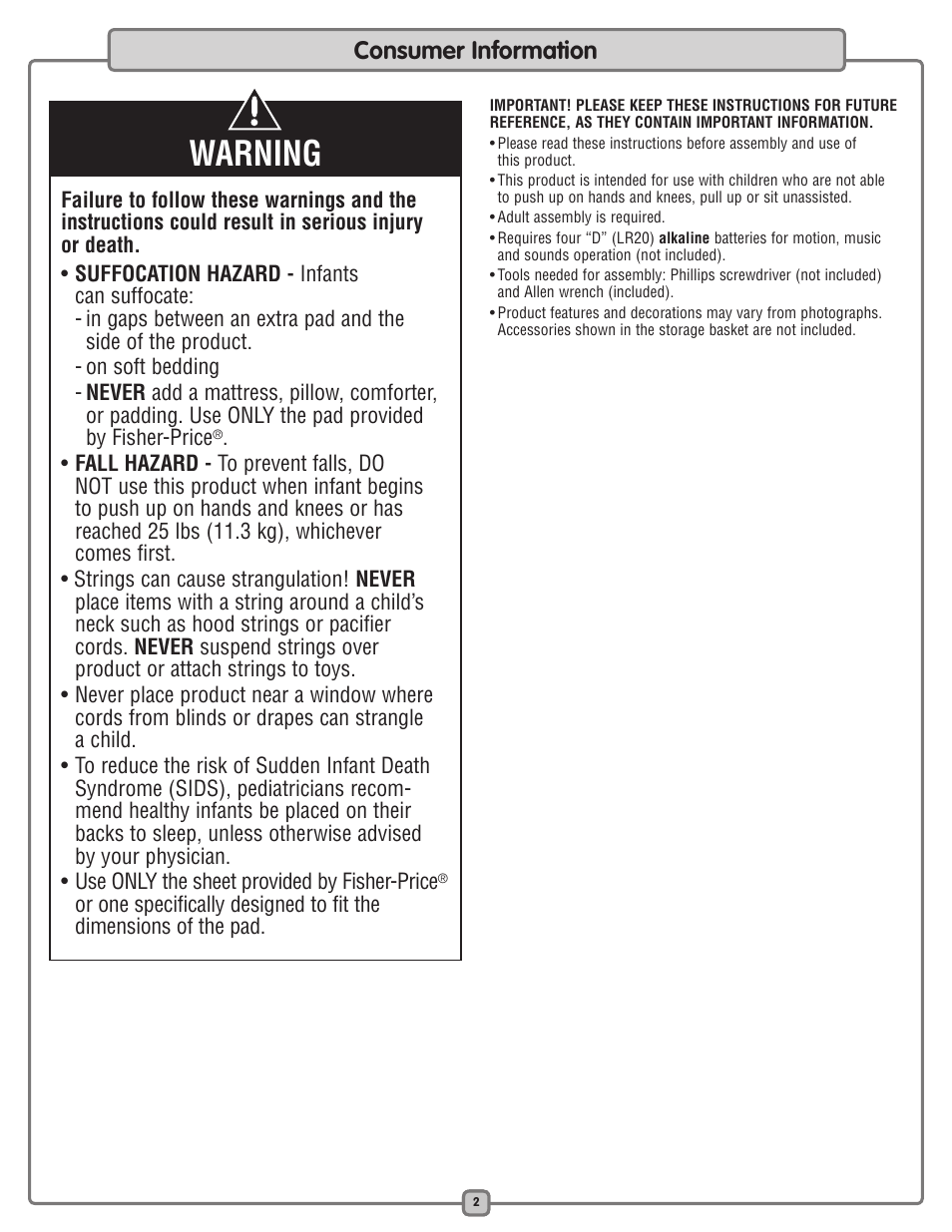 Warning, Consumer information | Fisher-Price L7836 User Manual | Page 2 / 12
