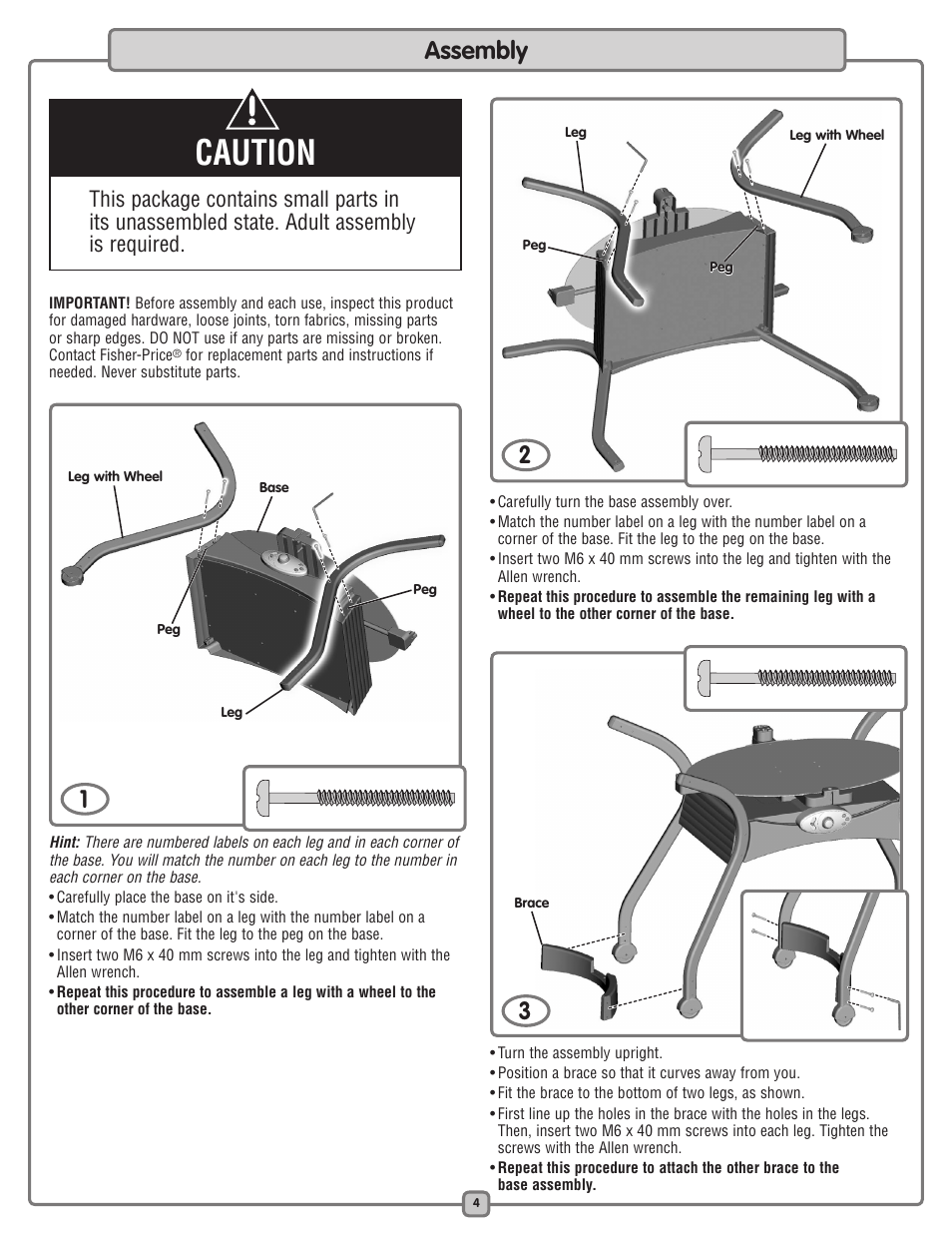 Caution, Assembly | Fisher-Price L7836 User Manual | Page 4 / 12
