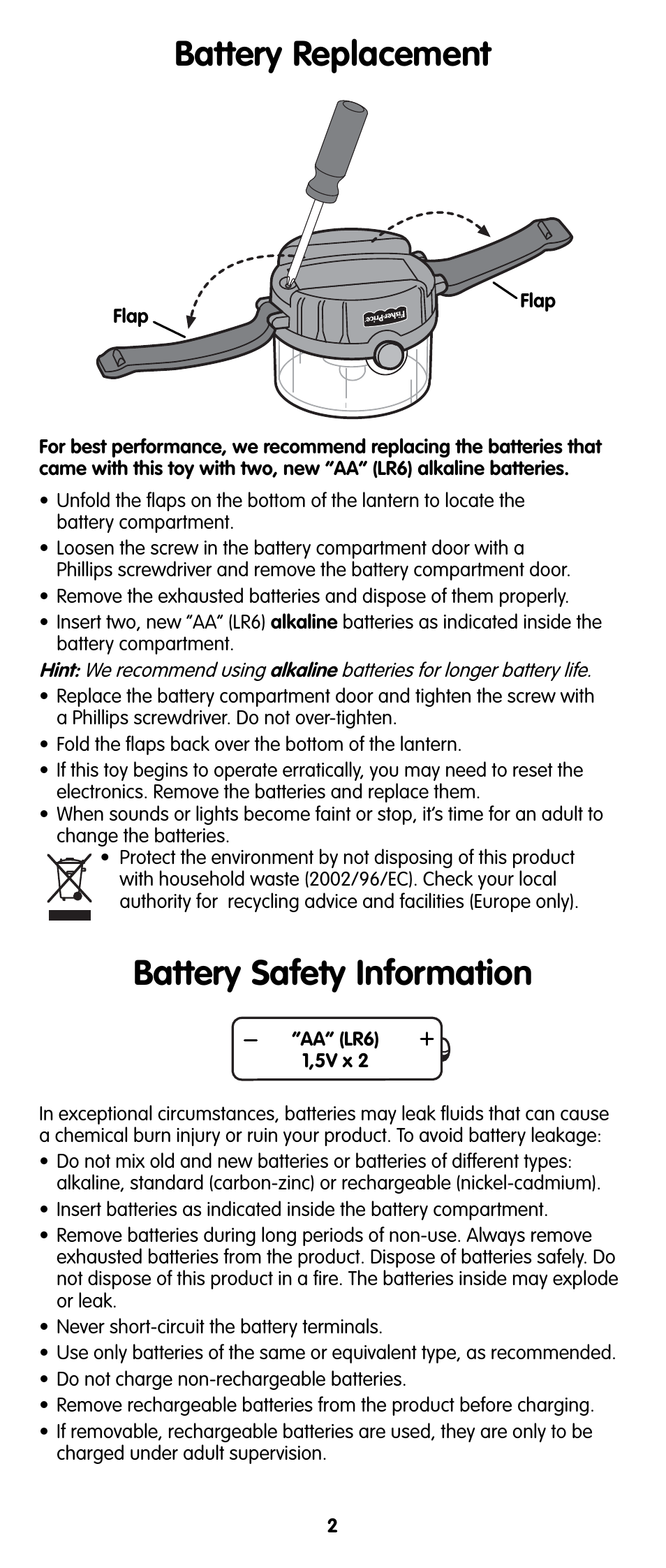Battery replacement, Battery safety information | Fisher-Price V7536 User Manual | Page 3 / 6