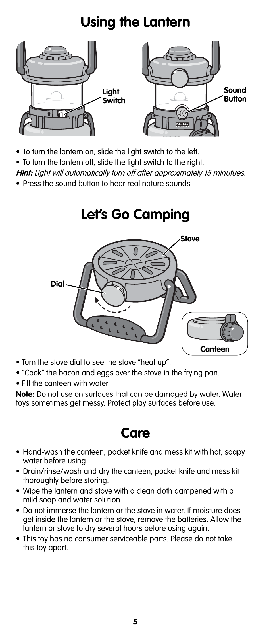 Using the lantern, Let’s go camping, Care | Fisher-Price V7536 User Manual | Page 4 / 6