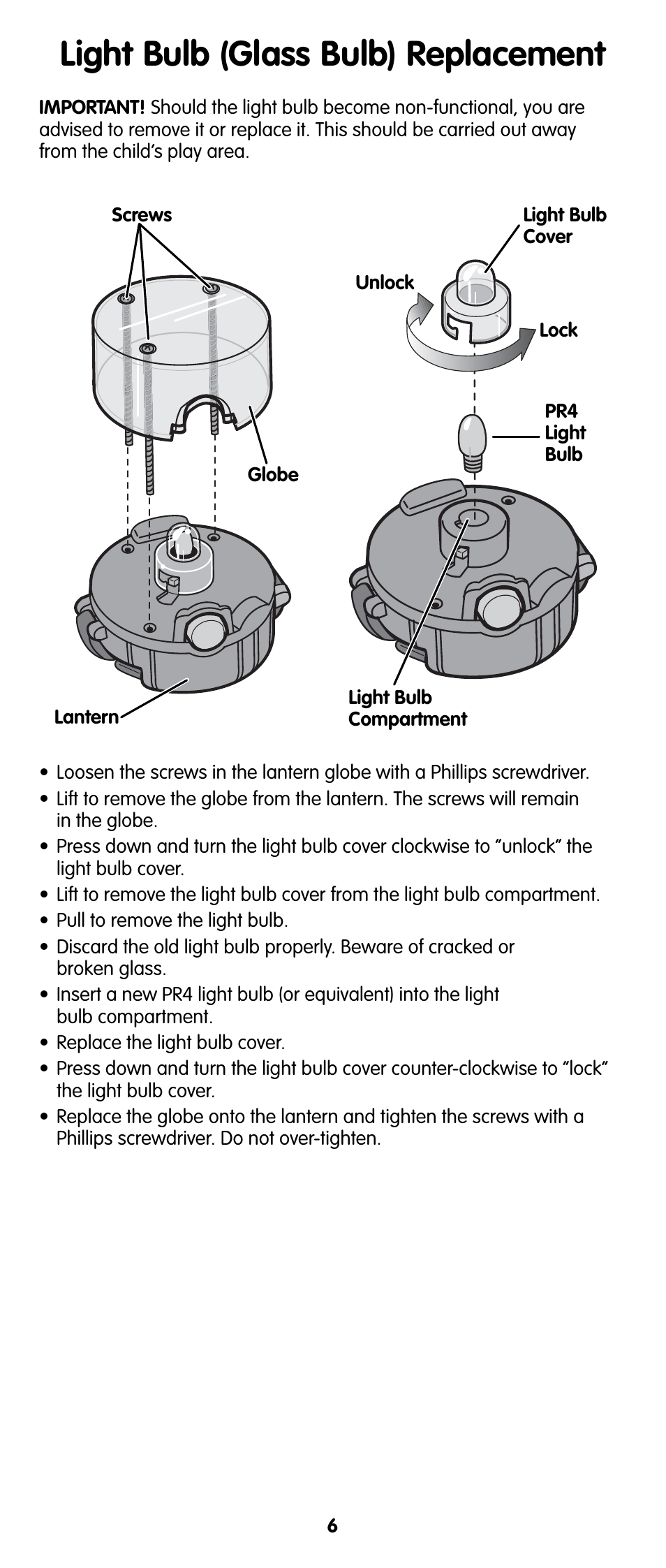 Light bulb (glass bulb) replacement | Fisher-Price V7536 User Manual | Page 5 / 6