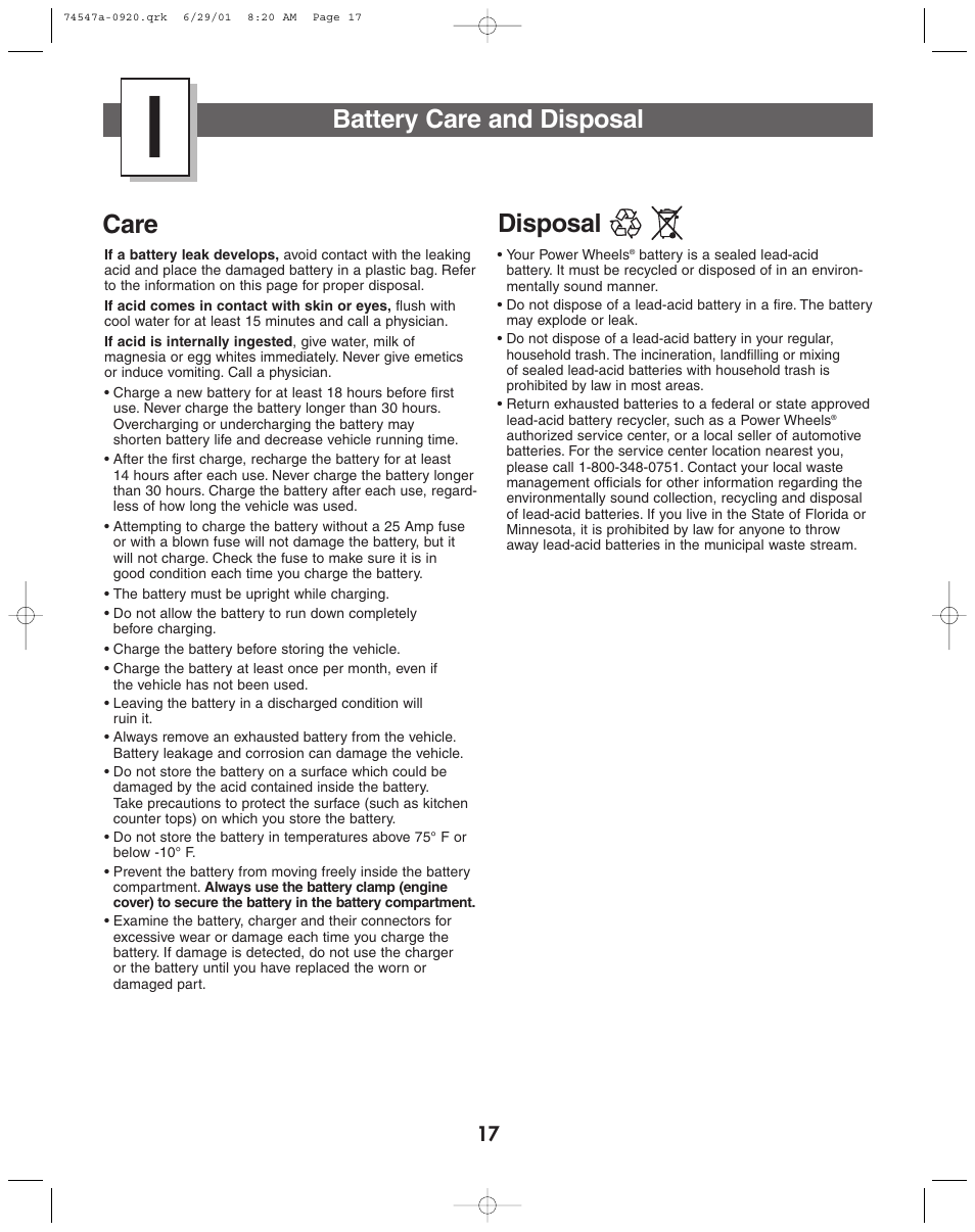 Battery care and disposal, Care, Disposal | Fisher-Price 74547 User Manual | Page 17 / 28