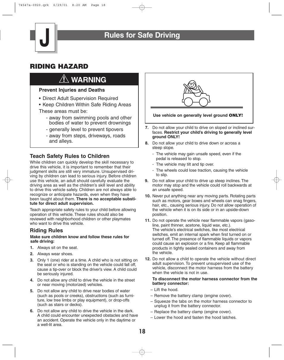 Rules for safe driving, Warning, Riding hazard | Fisher-Price 74547 User Manual | Page 18 / 28