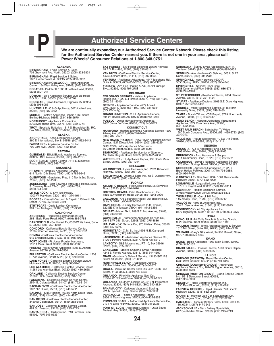 Authorized service centers | Fisher-Price 74547 User Manual | Page 24 / 28