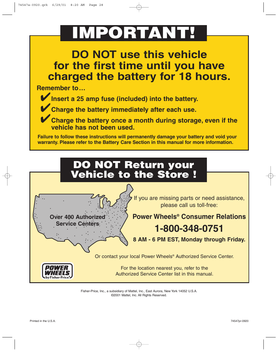 Important, Do not return your vehicle to the store | Fisher-Price 74547 User Manual | Page 28 / 28