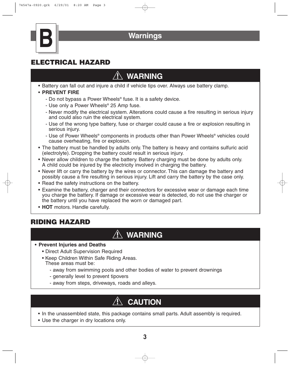 Warnings, Warning, Caution | Electrical hazard, Riding hazard | Fisher-Price 74547 User Manual | Page 3 / 28