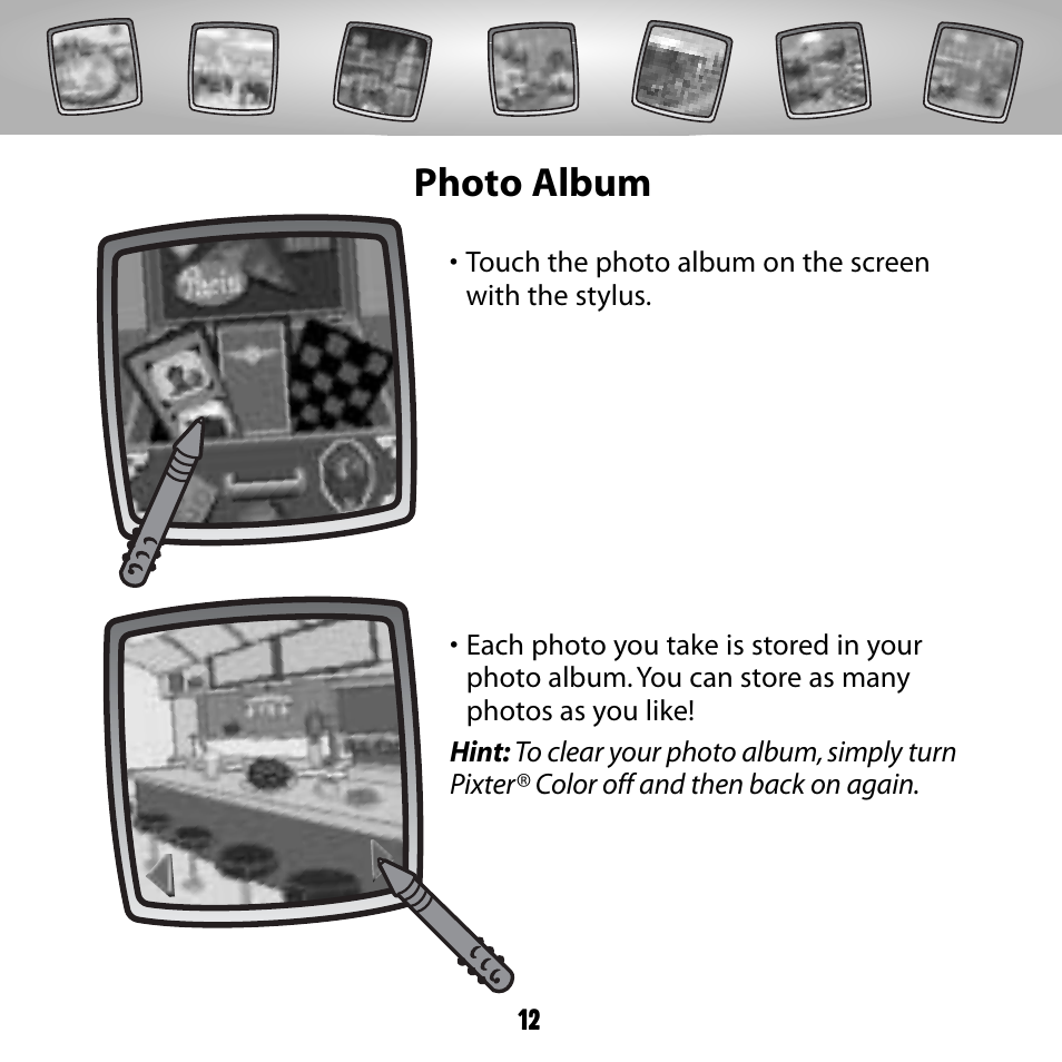 Photo album | Fisher-Price COLOR PIXTER G6512 User Manual | Page 12 / 64