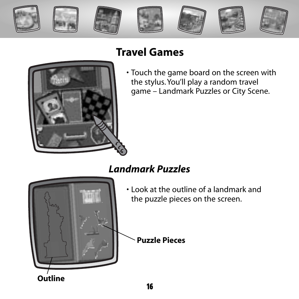Travel games, Landmark puzzles | Fisher-Price COLOR PIXTER G6512 User Manual | Page 16 / 64
