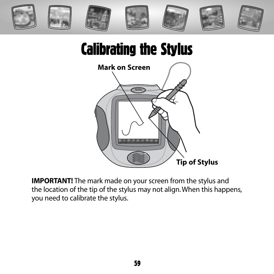 Calibrating the stylus | Fisher-Price COLOR PIXTER G6512 User Manual | Page 59 / 64