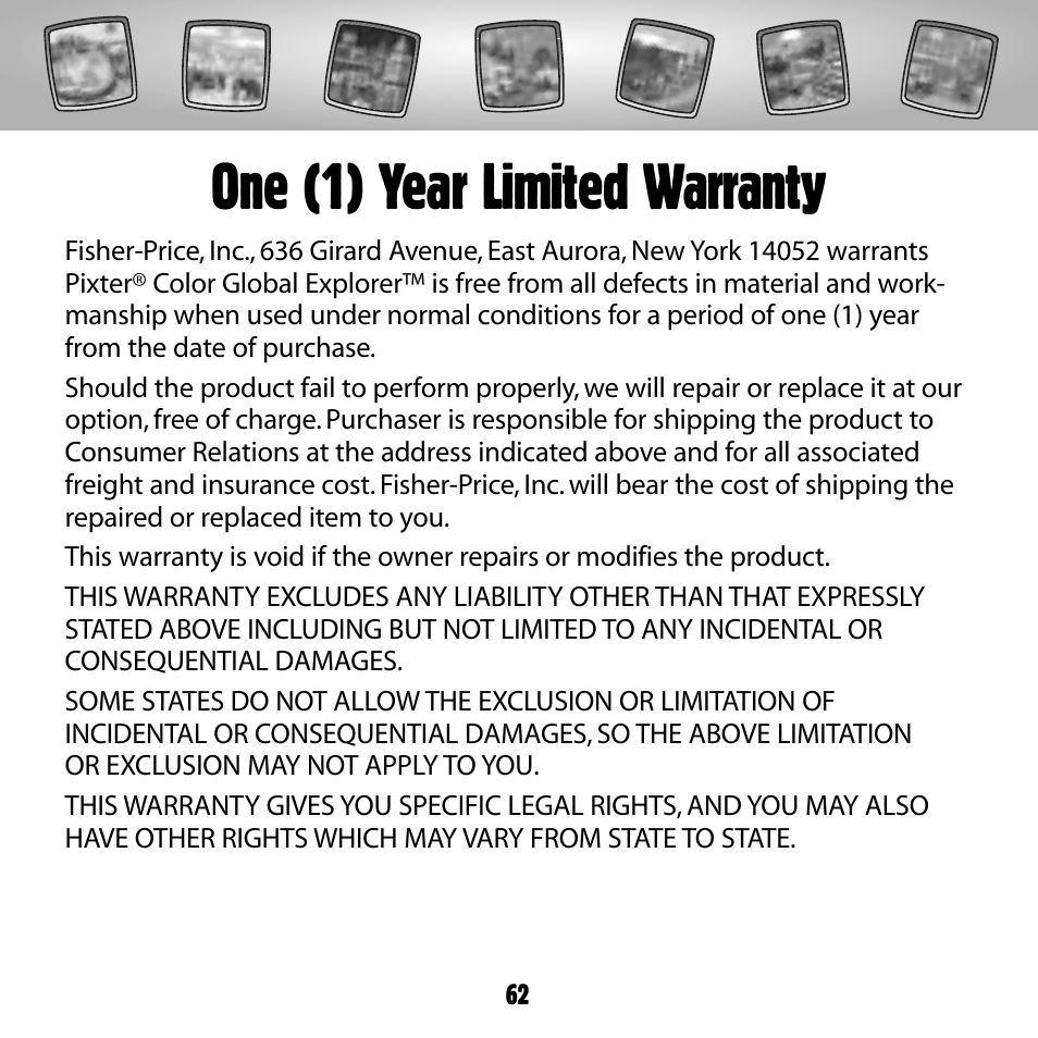 One (1) year limited warranty | Fisher-Price COLOR PIXTER G6512 User Manual | Page 62 / 64