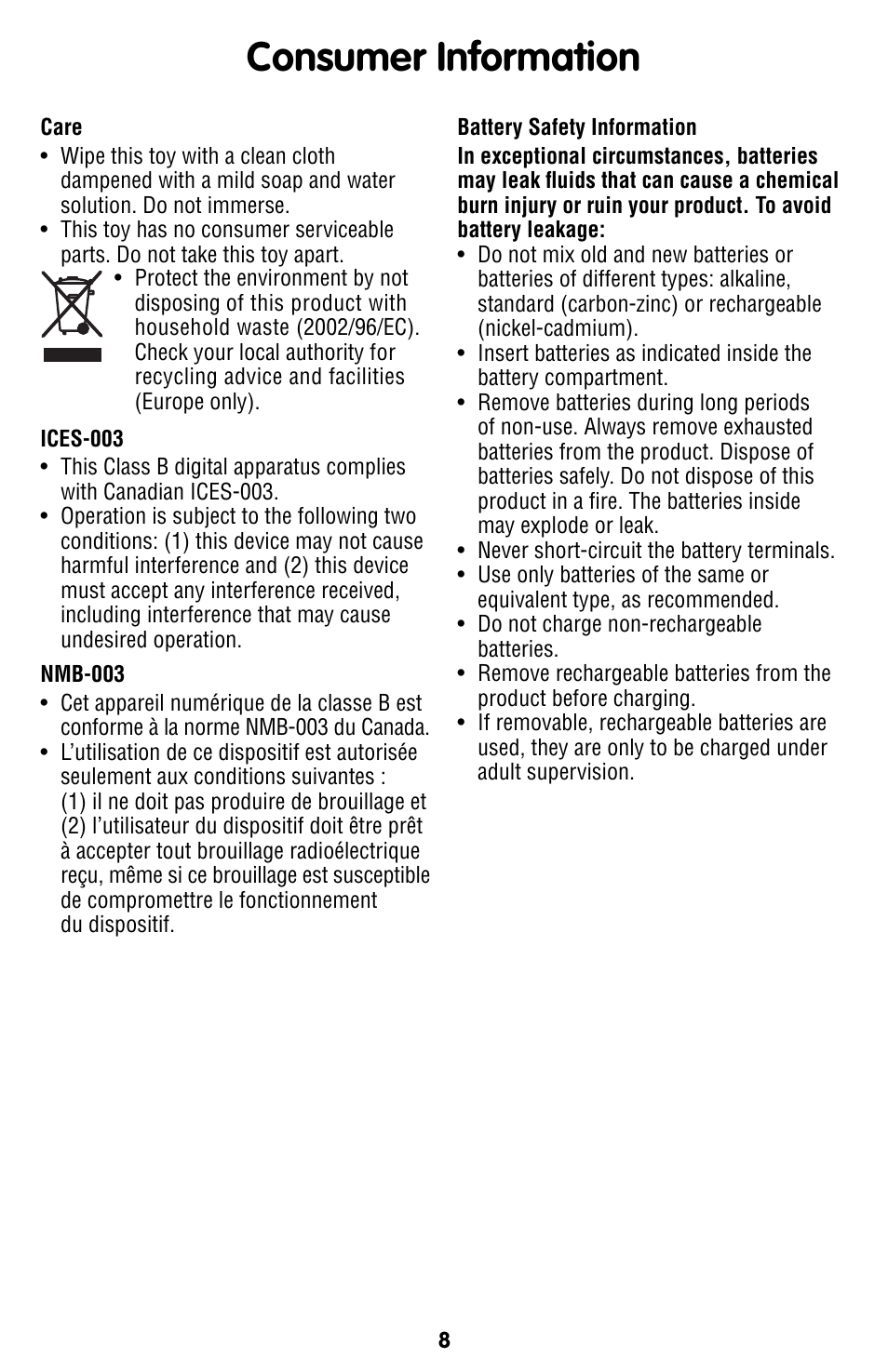 Consumer information | Fisher-Price W2005 User Manual | Page 8 / 8