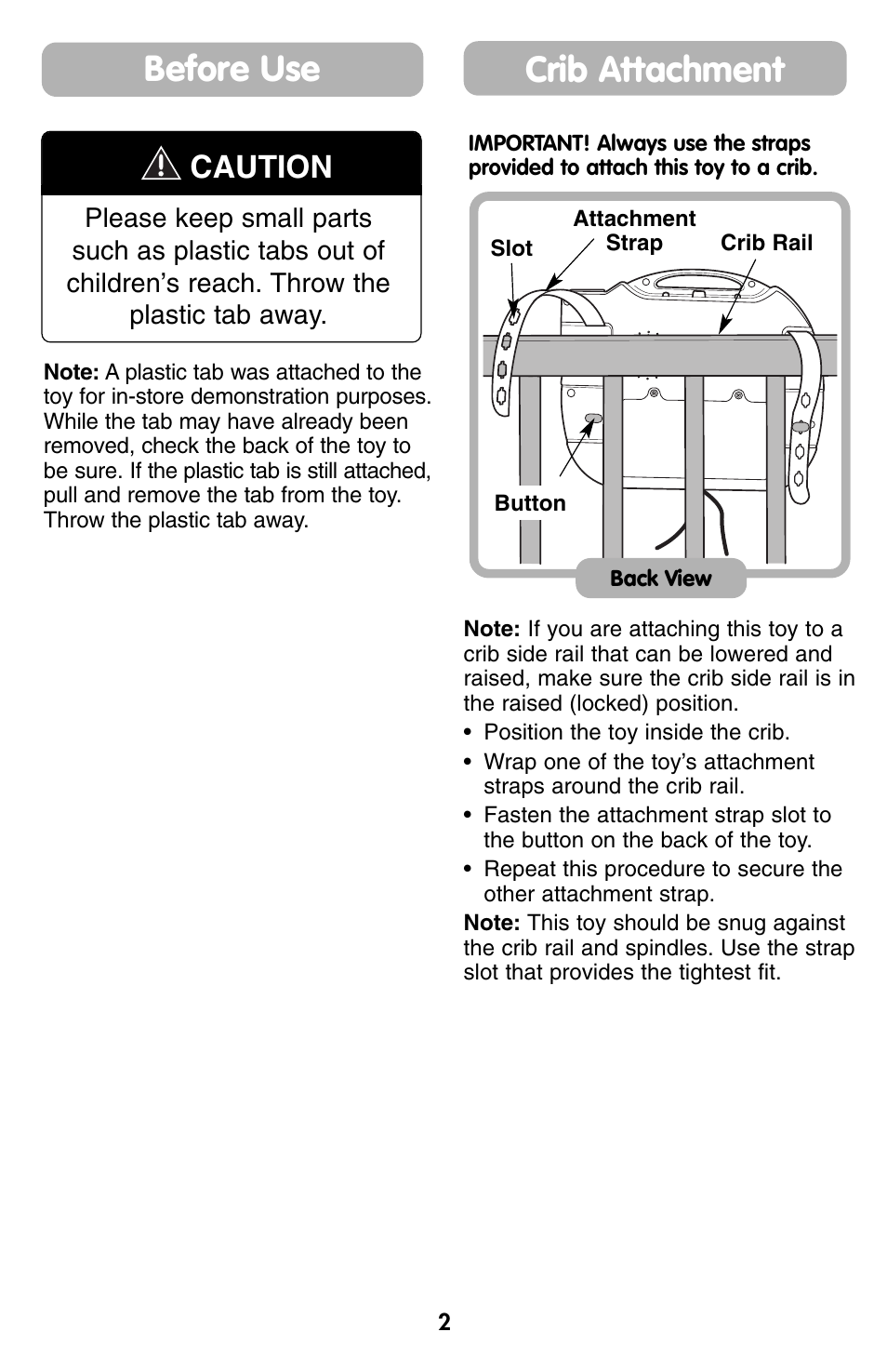 Crib attachment, Before use, Caution | Fisher-Price G2623 User Manual | Page 2 / 6