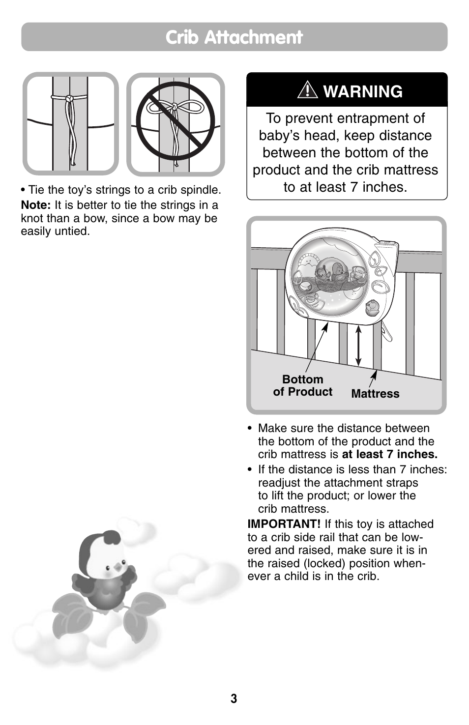 Crib attachment, Warning | Fisher-Price G2623 User Manual | Page 3 / 6