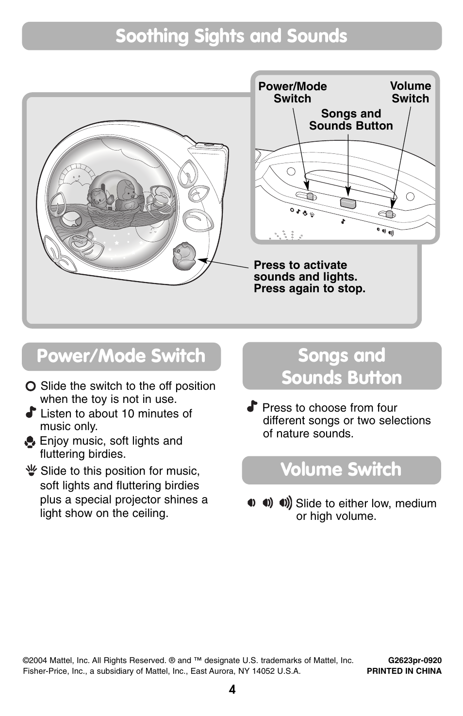 Soothing sights and sounds | Fisher-Price G2623 User Manual | Page 4 / 6