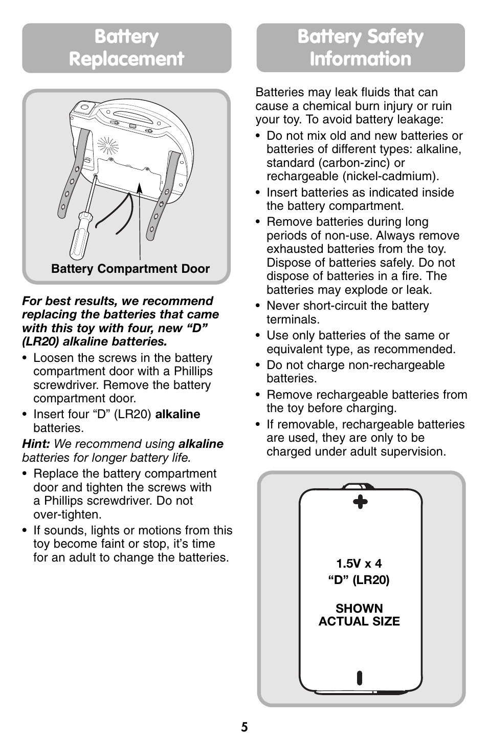 Battery replacement, Battery safety information | Fisher-Price G2623 User Manual | Page 5 / 6