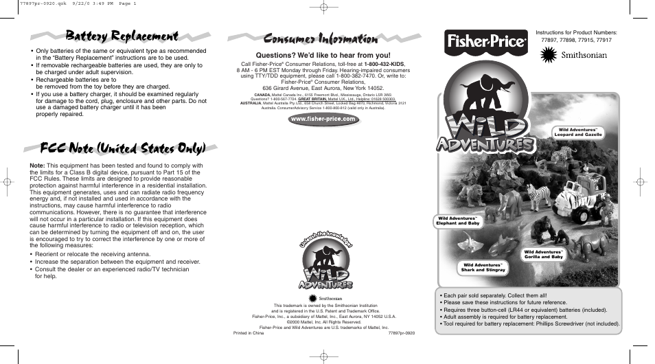 Fisher-Price WILD ADVENTURES 77897 User Manual | 2 pages