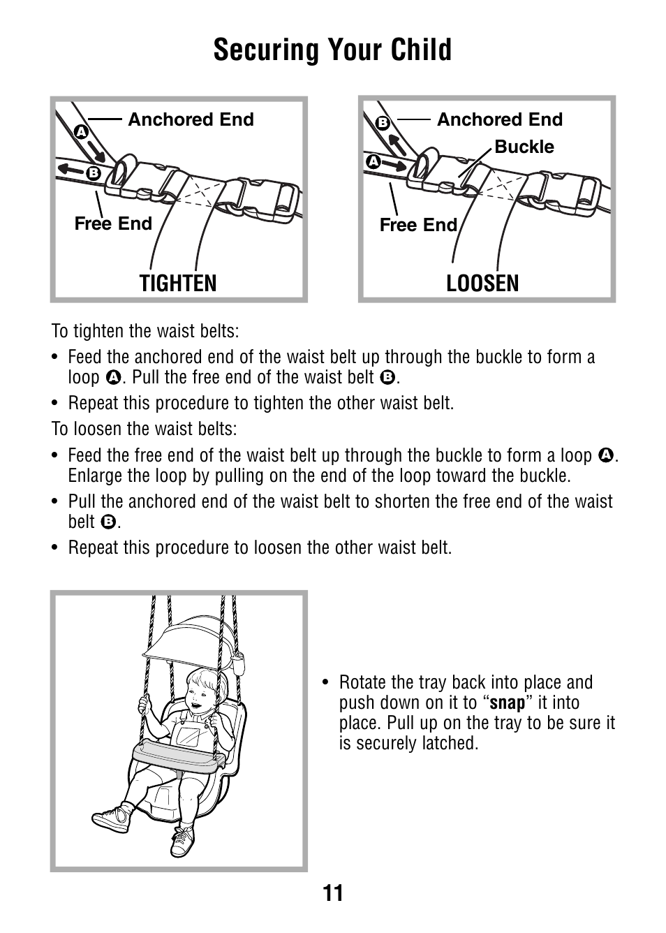 Securing your child, Tighten, Tighten loosen loosen | Fisher-Price V7597 User Manual | Page 11 / 12