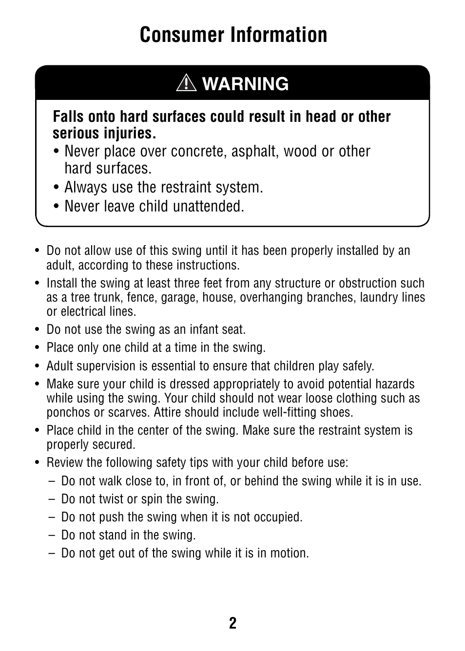 Consumer information, Warning | Fisher-Price V7597 User Manual | Page 2 / 12