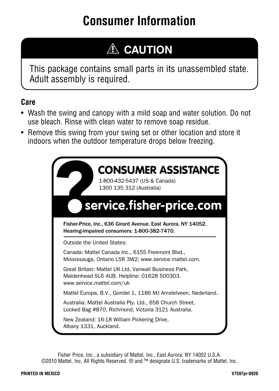 Consumer information, Consumer assistance, Caution | Fisher-Price V7597 User Manual | Page 6 / 12