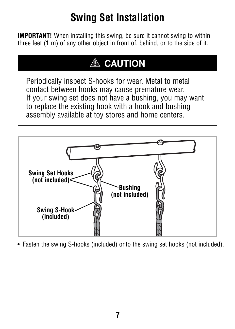 Swing set installation, Caution | Fisher-Price V7597 User Manual | Page 7 / 12