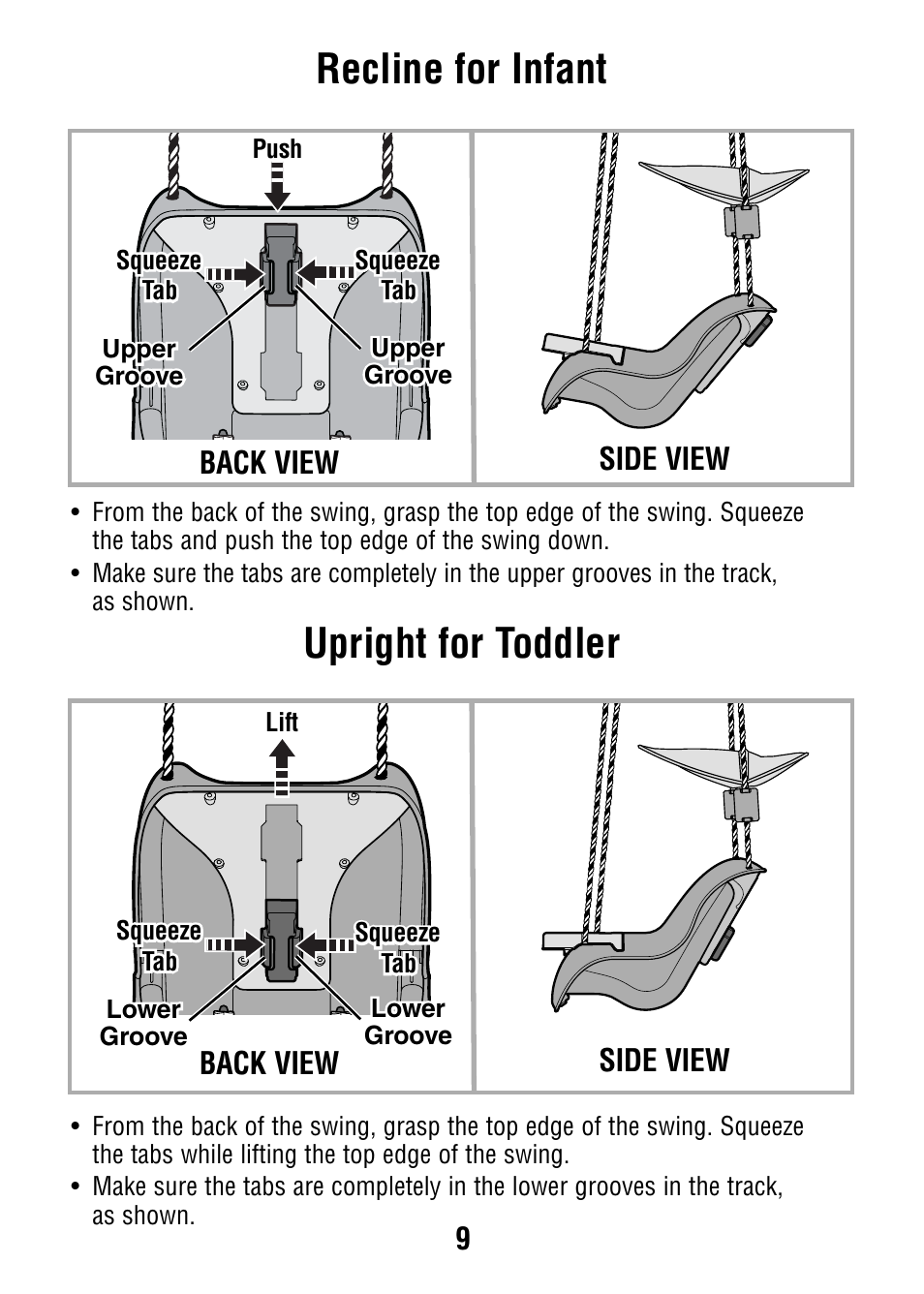 Upright for toddler recline for infant, Back view, Back view side view side view | Fisher-Price V7597 User Manual | Page 9 / 12