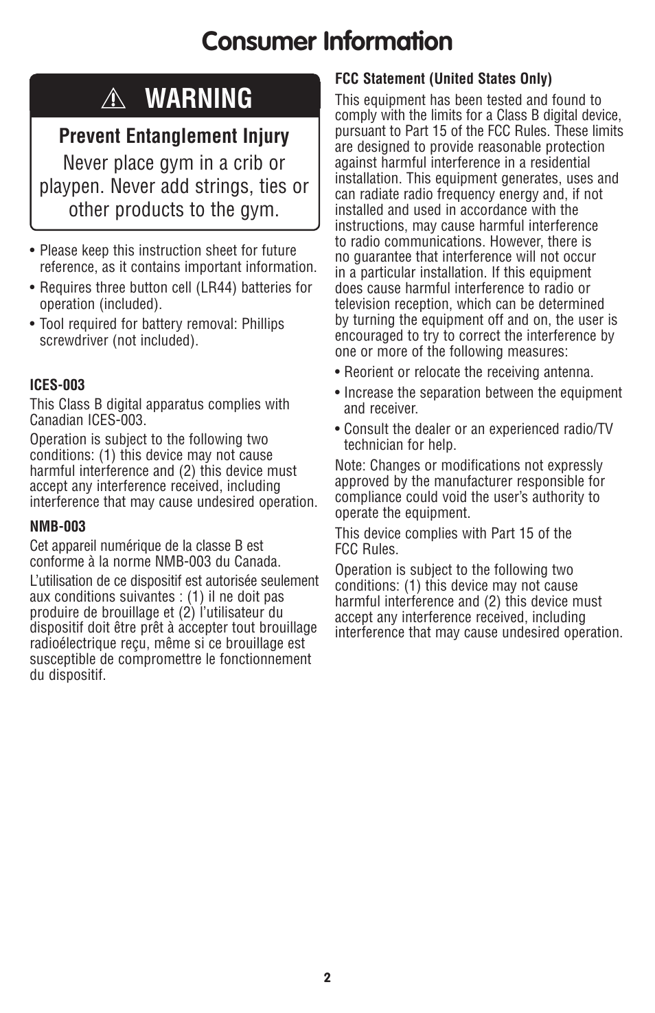 Warning, Consumer information | Fisher-Price P5333 User Manual | Page 2 / 8