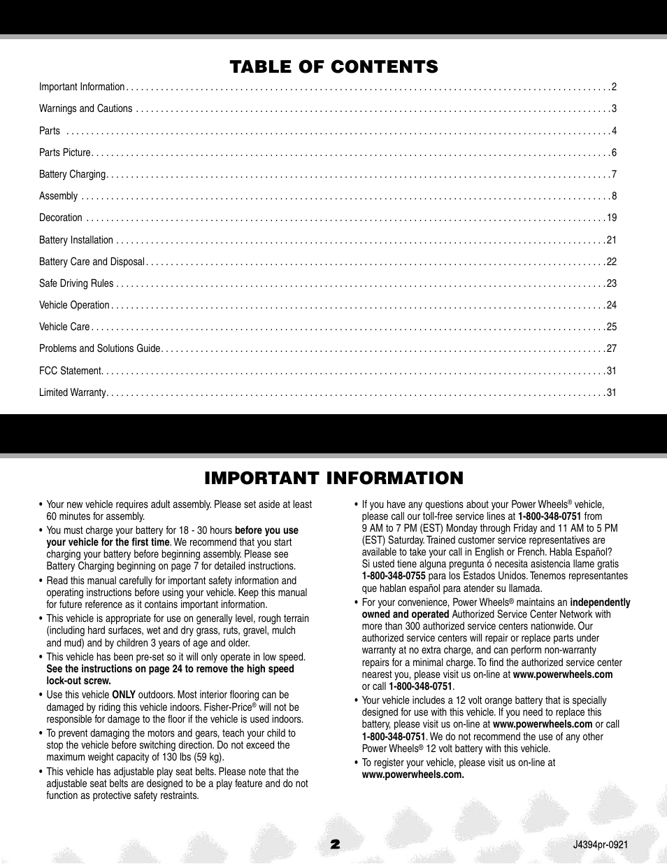Important information table of contents | Fisher-Price JEEP K7112 User Manual | Page 2 / 32