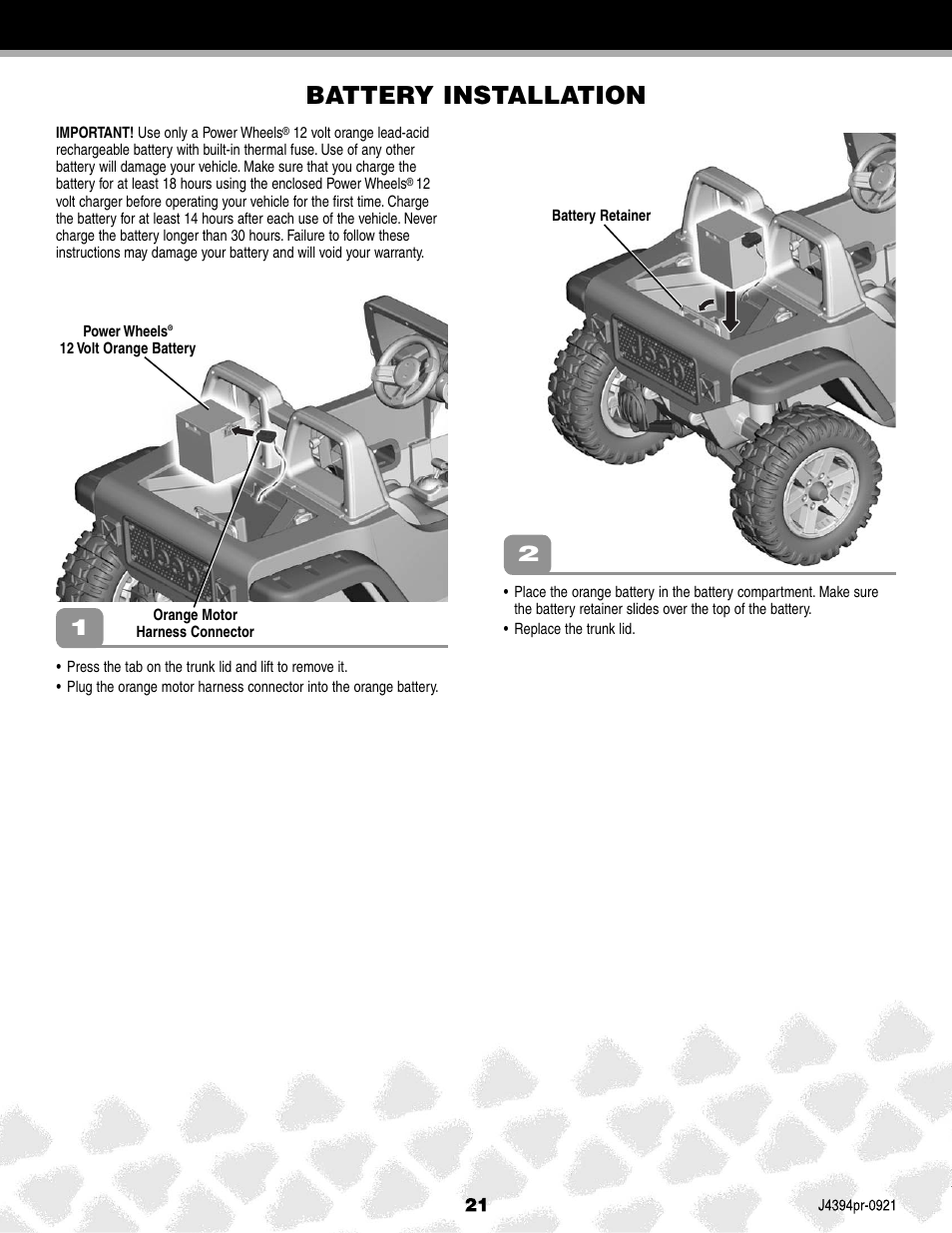 Battery installation | Fisher-Price JEEP K7112 User Manual | Page 21 / 32