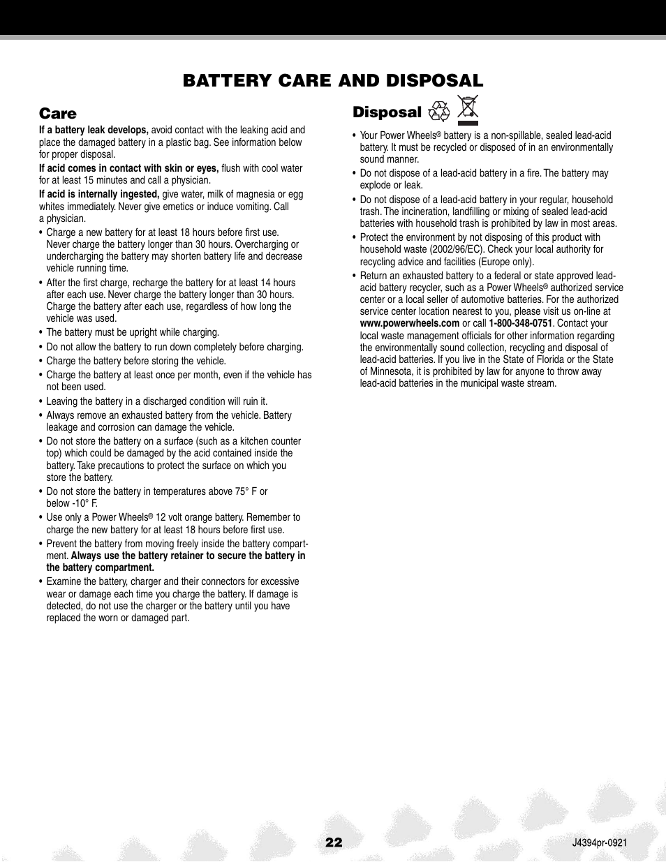 Battery care and disposal, Care, Disposal | Fisher-Price JEEP K7112 User Manual | Page 22 / 32