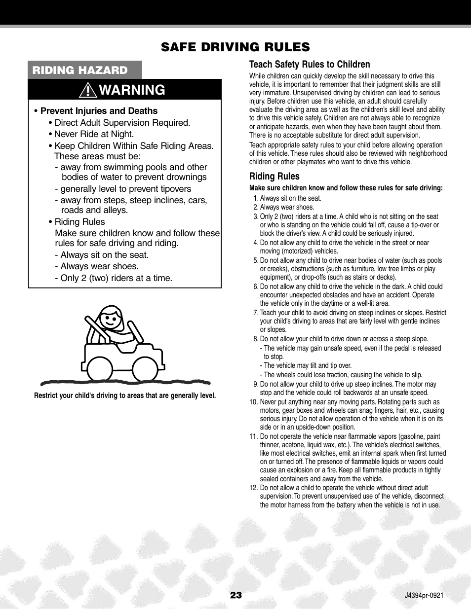 Warning, Safe driving rules, Riding hazard | Fisher-Price JEEP K7112 User Manual | Page 23 / 32