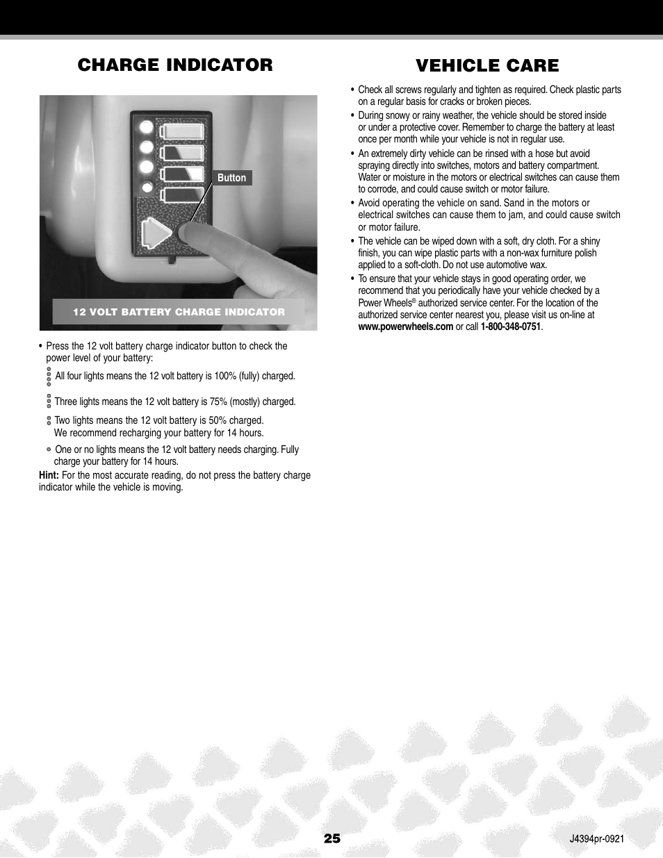 Vehicle care, Charge indicator | Fisher-Price JEEP K7112 User Manual | Page 25 / 32