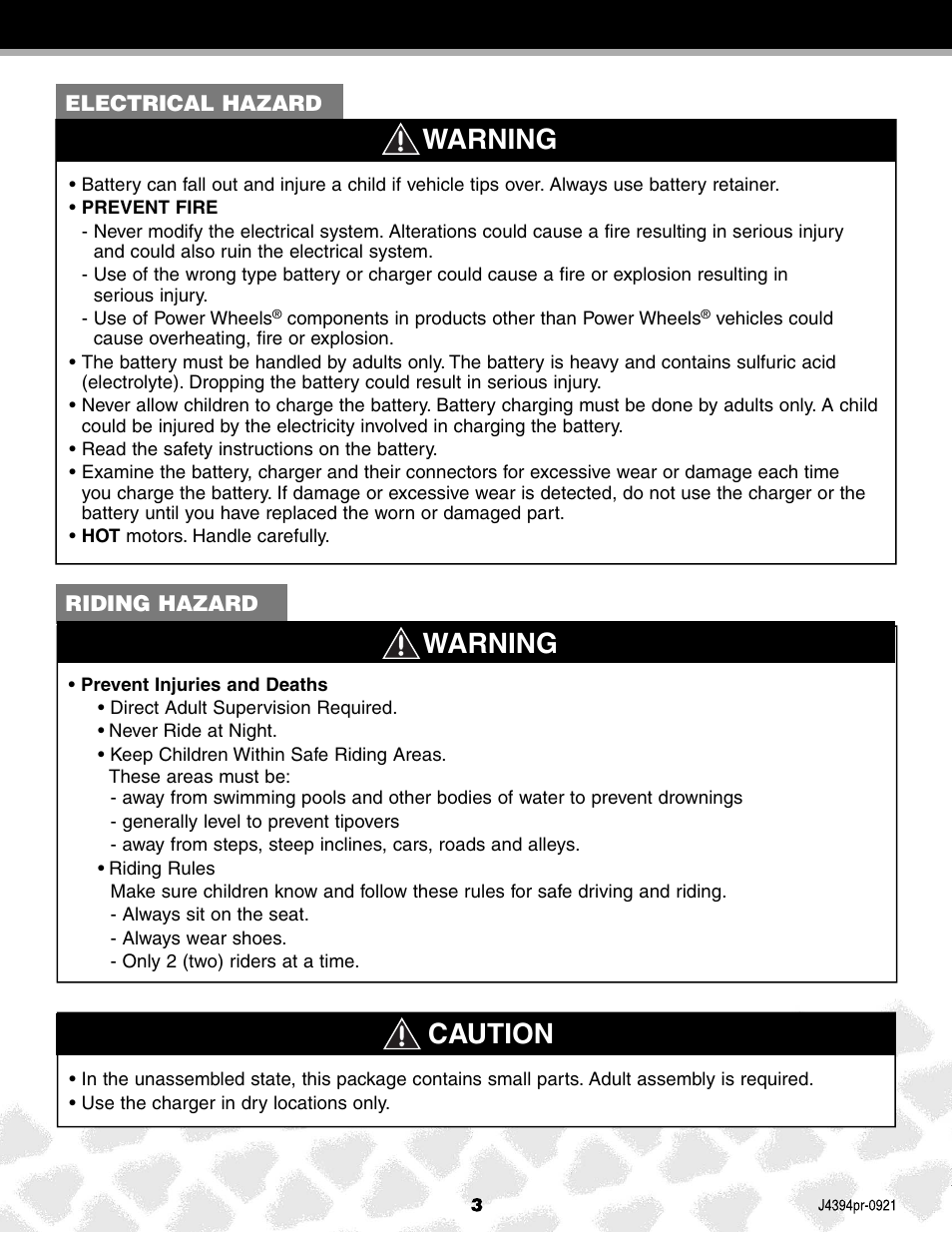 Warning, Caution | Fisher-Price JEEP K7112 User Manual | Page 3 / 32