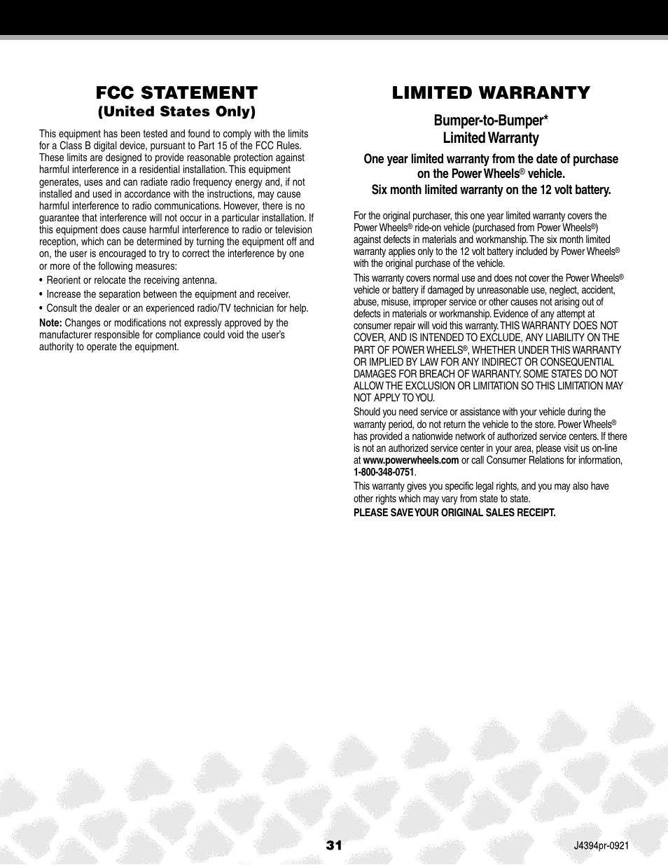 Limited warranty fcc statement, Bumper-to-bumper* limited warranty, United states only) | Fisher-Price JEEP K7112 User Manual | Page 31 / 32