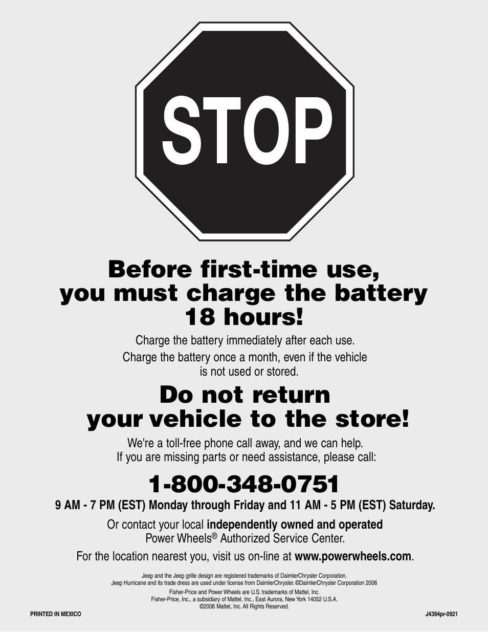Do not return your vehicle to the store | Fisher-Price JEEP K7112 User Manual | Page 32 / 32