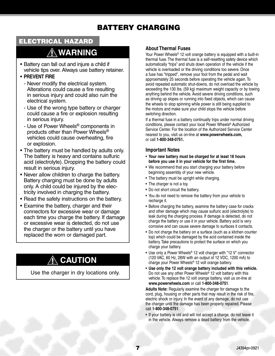 Warning, Caution, Battery charging | Electrical hazard | Fisher-Price JEEP K7112 User Manual | Page 7 / 32