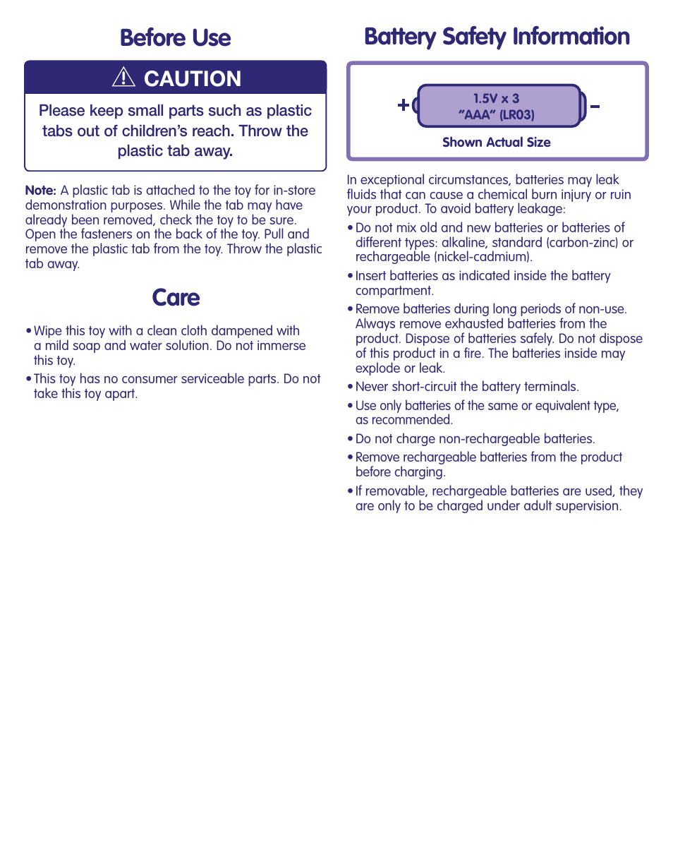 Battery safety information care, Before use, Caution | Fisher-Price LEARNING BUNNY J4839 User Manual | Page 2 / 6