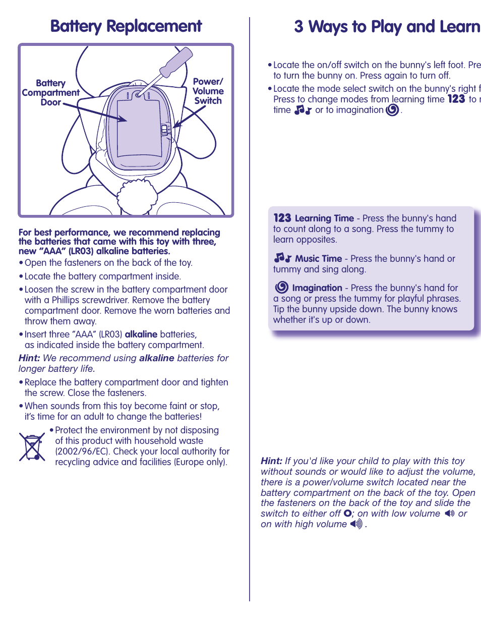 Battery replacement, 3 ways to play and learn | Fisher-Price LEARNING BUNNY J4839 User Manual | Page 3 / 6